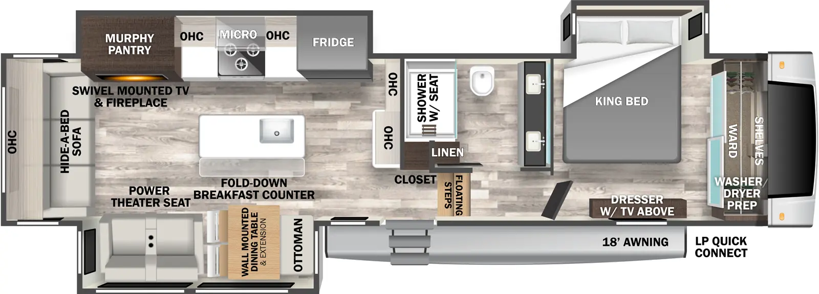 The 360RL has three slideouts and one entry. Exterior features an 18 foot awning and LP quick connect. Interior layout front to back: front wardrobe with shelves and washer/dryer prep, off-door side king bed slideout, door side dresser with TV above; off-door side full bathroom with dual vanity sinks, shower with seat, and linen closet; floating steps down into living area, and main entry with closet; countertop and overhead cabinet along inner wall; off-door side slideout with refrigerator, microwave, cooktop, overhead cabinets, and murphy pantry behind swivel-mounted TV and fireplace; kitchen island with sink and fold-down breakfast counter; door-side slideout with wall-mounted dining table with extension, ottoman, and power theater seating; rear hide-a-bed sofa with overhead cabinets.